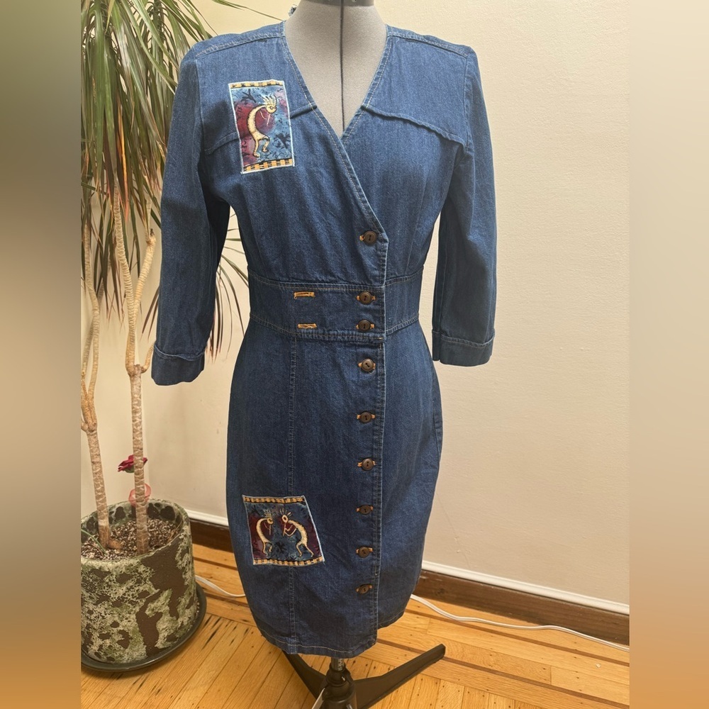 Vintage 90s Avon Fashions Denim Kokopelli Midi Dress | Southwest Boho